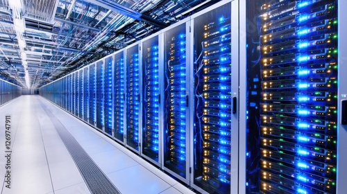 Close up of a massive server farm with rows of glowing blue LED lights, powerful data processing and cloud computing
