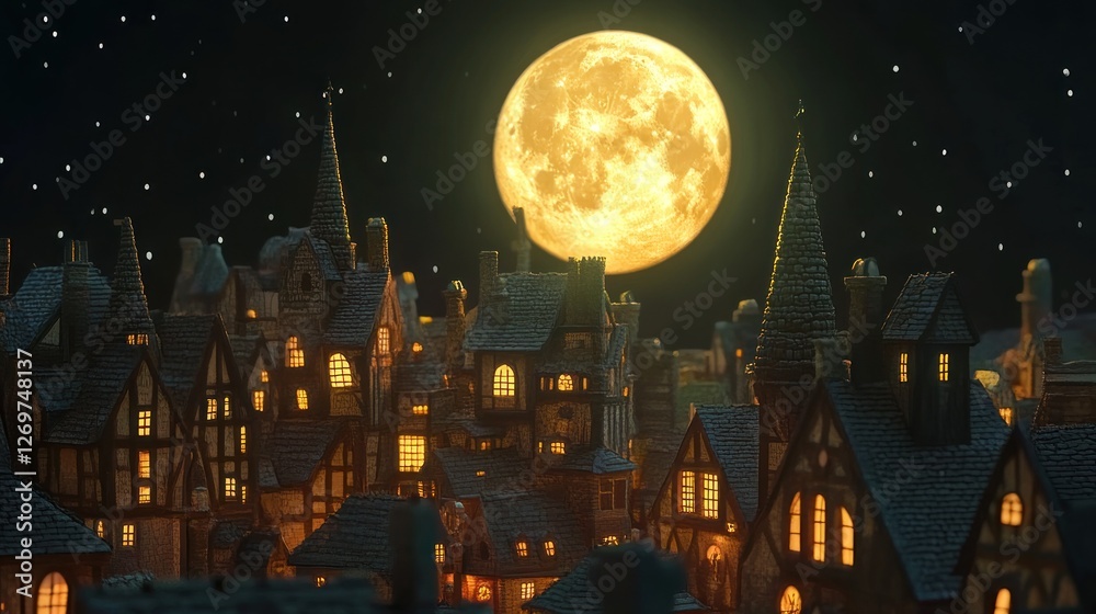 Naklejka premium A Nighttime Village Underneath A Large Yellow Moon