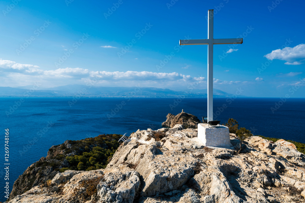 Hilltop Cross Overlooking the Sea in Greece Hilltop Cross Overlooking the Sea in Greece