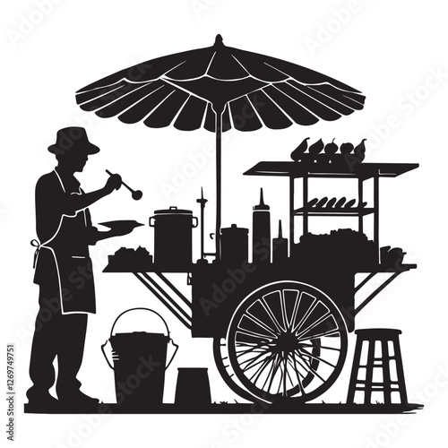 Street food vendor cart silhouette illustration authentic culinary experience