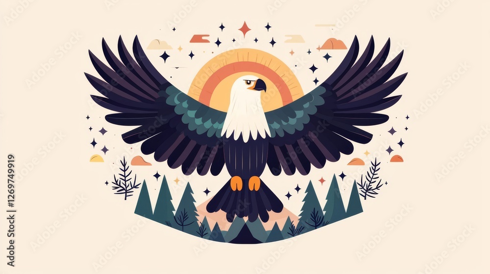 Fototapeta premium A majestic eagle spreads its wings against a vibrant background of nature.