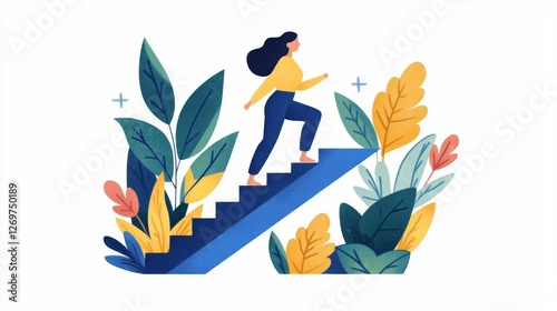 A woman climbing stairs amidst vibrant green plants and colorful flowers.