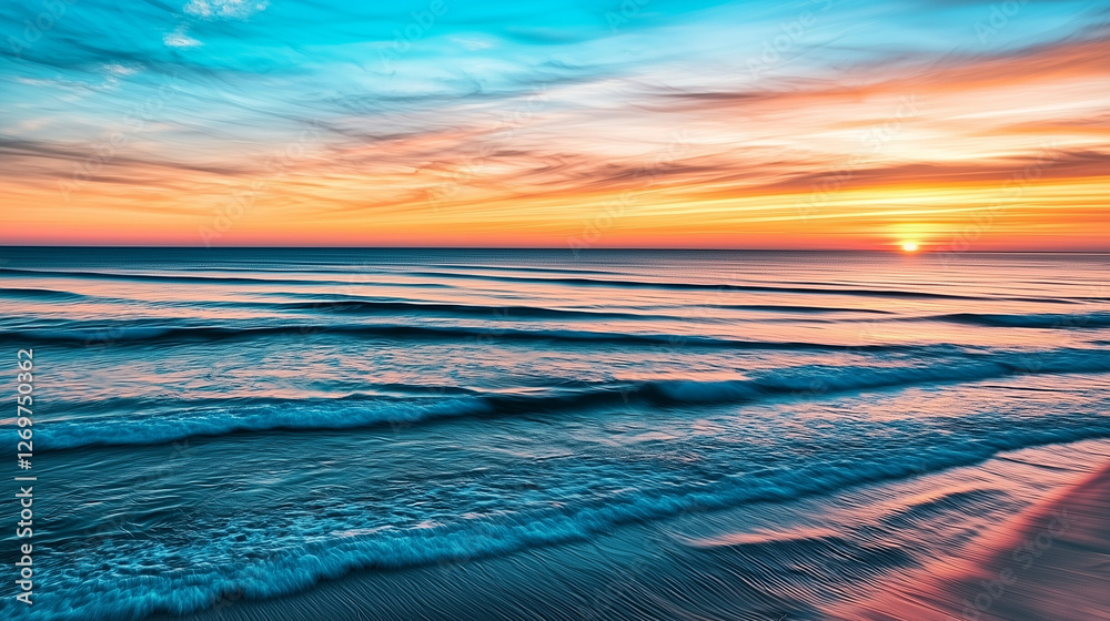 Obraz premium Seaside vista at pastel sunset, wide horizon bathed in soft trendy light. Escape to the coast.