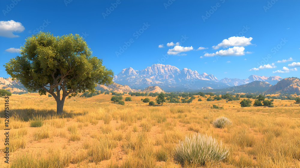 Sunny desert landscape, single tree, mountains background; travel, nature Sunny desert landscape, single tree, mountains background; travel, nature