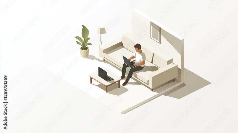 Man working on laptop in isometric living room Man working on laptop in isometric living room