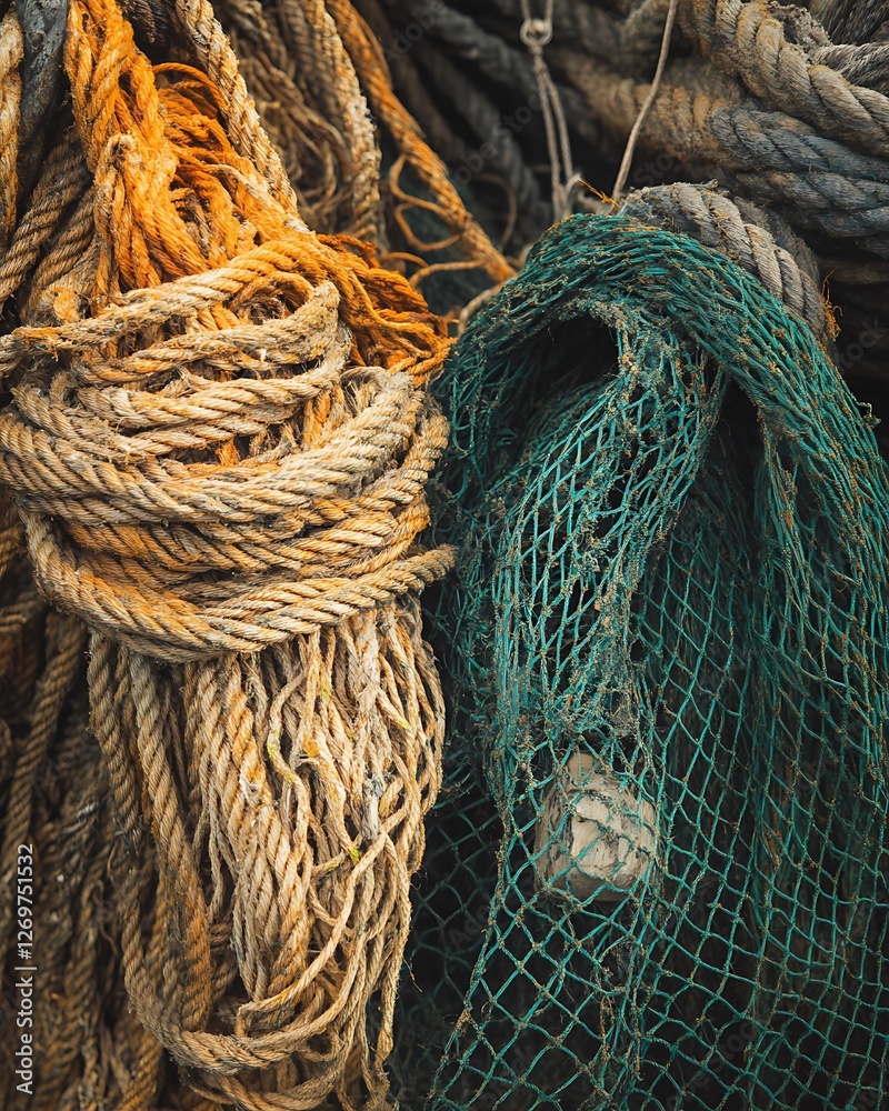 Tangled fishing nets and ropes hanging, showing texture and wear.