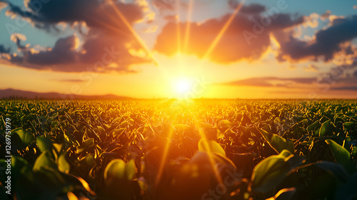 Agricultural Field at Golden Sunset with Dramatic Sky and Glowing Horizon Landscape