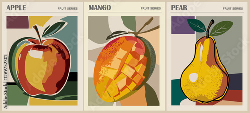 Set of Abstract Fruit Market retro posters. Trendy contemporary wall arts with apple, pear, mango fruit design. Modern naive groovy interior decorations, vector art paintings. 