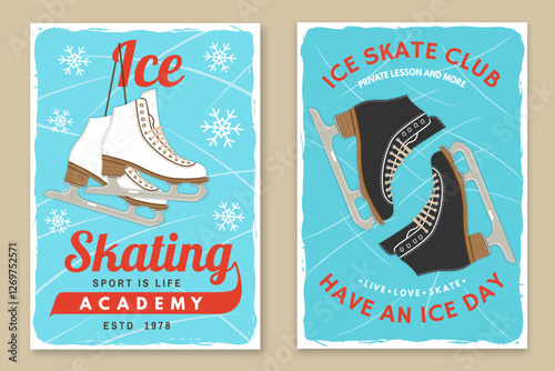 Set of Ice Skate club flyer, poster, banner design. Concept for shirt or logo, print, stamp or tee with skate, helmet, ice skater girl. Winter sport. Vector illustration.