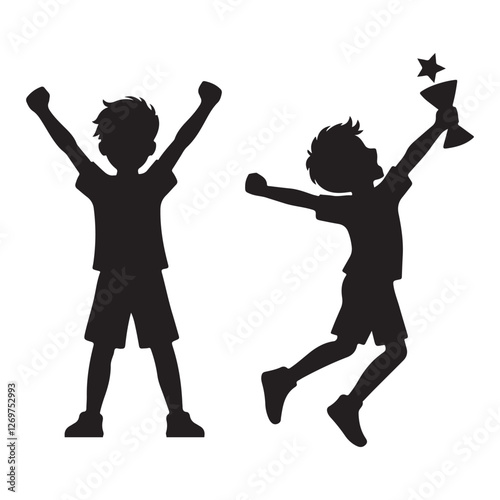 Silhouette Boy Celebrating Success with Trophy Vector Illustration
