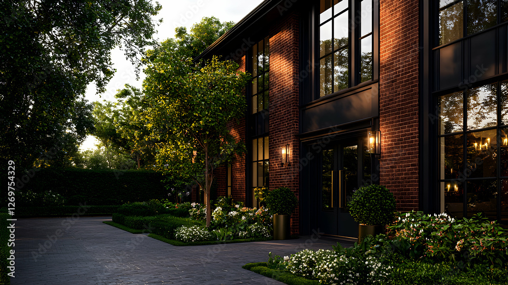 Brick Facade House With Large Windows And Lush Green Garden In Warm Sunlight Brick Facade House With Large Windows And Lush Green Garden In Warm Sunlight