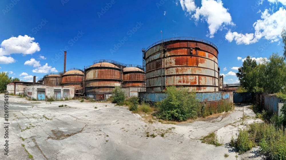 Obraz premium Rusty Industrial Storage Tanks Under a Blue Sky