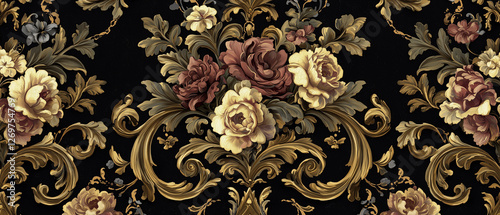 Papier peint fond d'écran floral baroque luxueux avec ornements dorés et fleurs raffinées photo