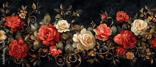 Papier peint fond d'écran floral baroque luxueux avec ornements dorés et fleurs raffinées