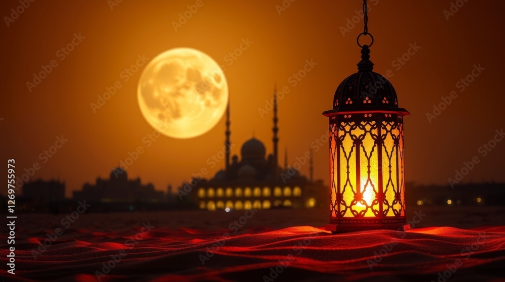 Fototapeta premium Glowing Lantern Desert Night Ramadan Scene Full Moon