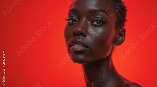 Stunning portrait of a black woman, glowing skin, red background, high-fashion beauty, bold contrast, confident expression. Beauty, close-up, dramatic lighting. African American. photo