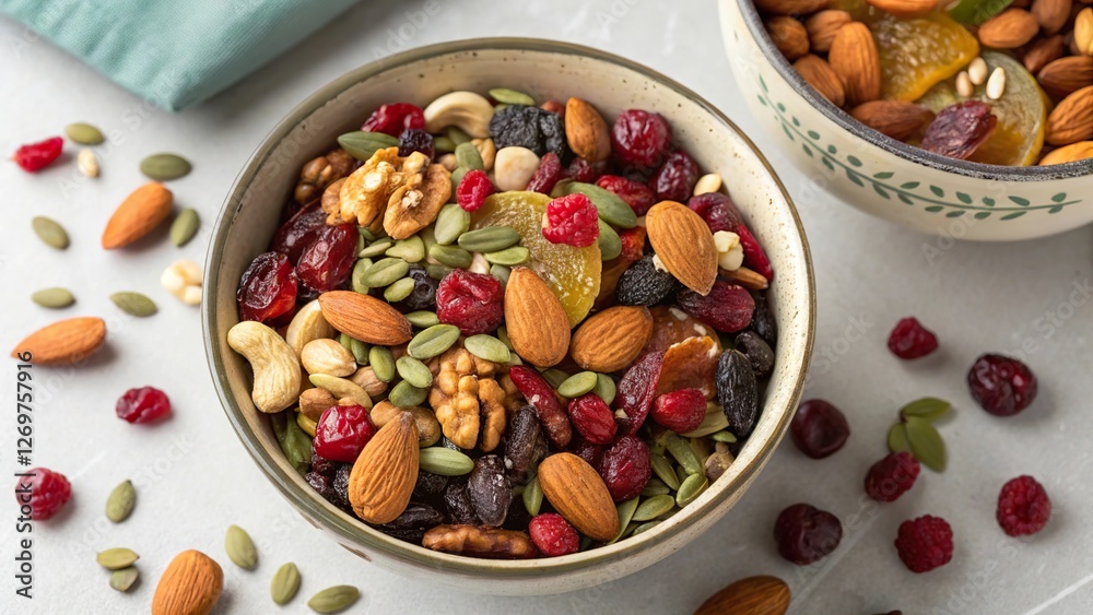 Delicious and nutritious trail mix featuring an assortment of nuts, seeds, and dried fruits enjoyed on a sunny afternoon Delicious and nutritious trail mix featuring an assortment of nuts, seeds, and dried fruits enjoyed on a sunny afternoon