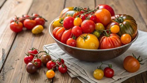 Colorful collection of cherry and heirloom tomatoes displayed in a rustic bowl on a wooden table