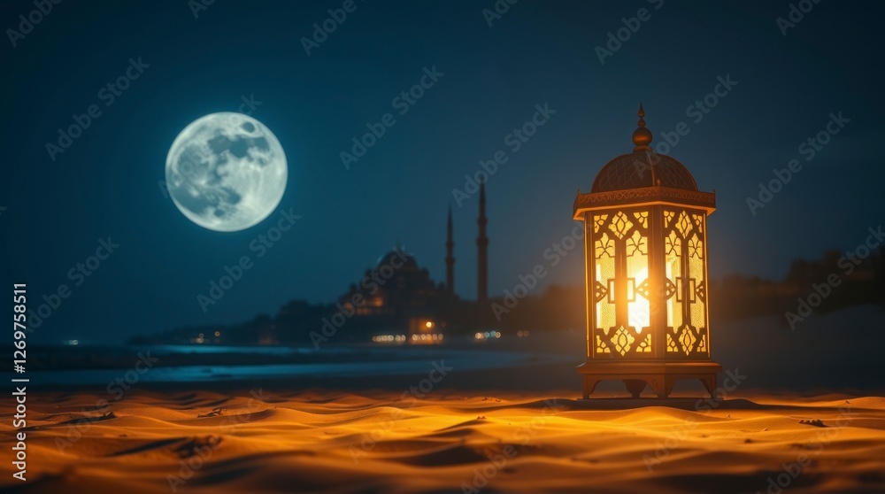 Fototapeta premium Glowing Lantern Moonlit Desert Scene with Mosque