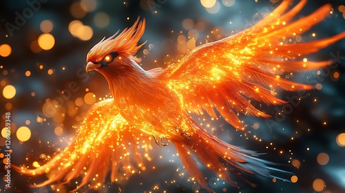 Cyber phoenix rising from the destruction of corrupted digital files with a radiant glow photo