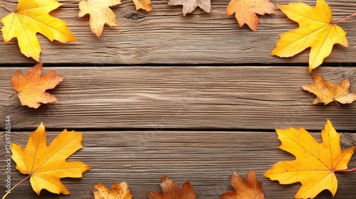 Autumn leaves border on weathered wood.  Possible use Background for autumnal product photography photo