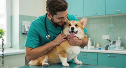 Professional examining dog in his clinic