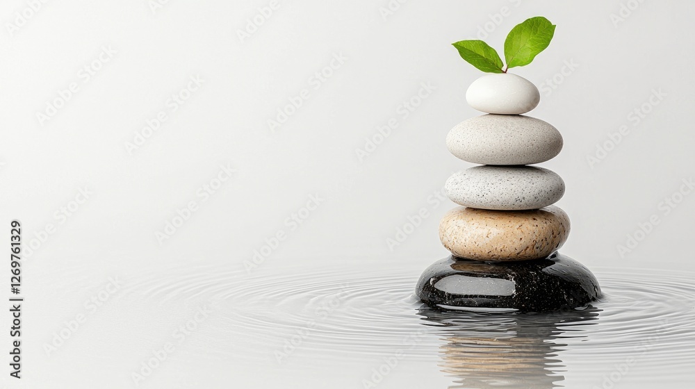 Fototapeta premium Balanced zen stones stacked in calm water with a green sprout growing from the top against a clean grey background.