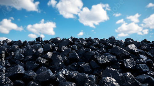 Close Up Pile of Black Coal Fuel Under a Blue Sky with White Clouds During Daytime