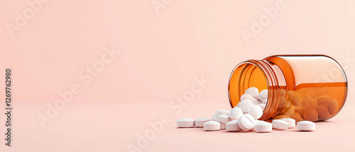 open amber pill bottle with white tablets spilling out on peach background