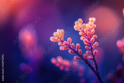 Close-up of a vibrant pink flower with dewdrops, bathed in warm, purple light.