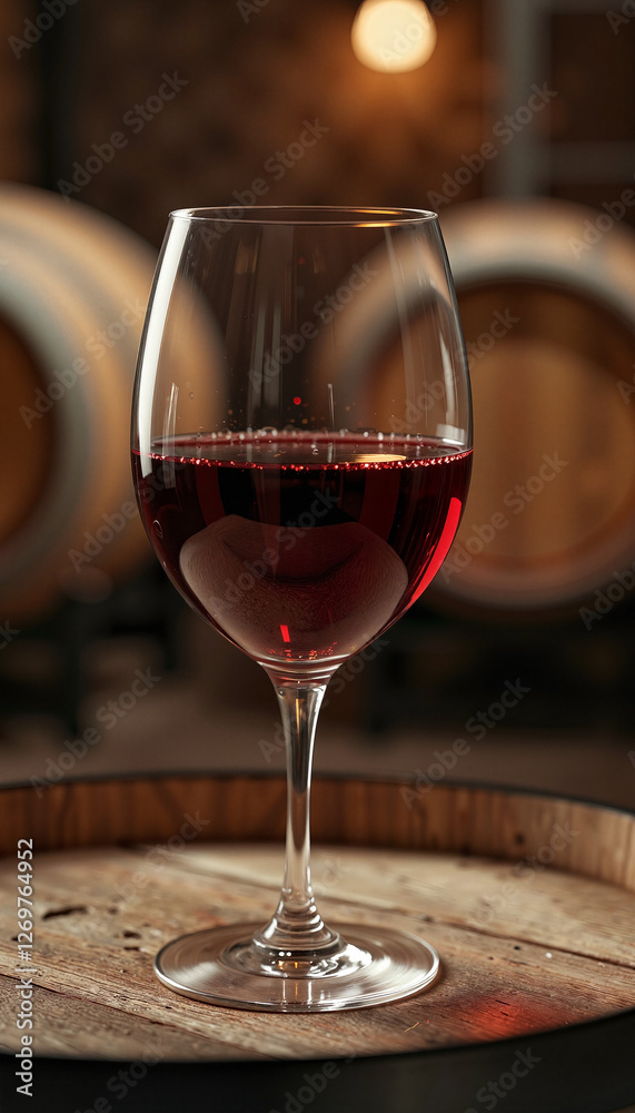Elegant glass of red wine on wooden barrel in dim cellar, savoring flavor Elegant glass of red wine on wooden barrel in dim cellar, savoring flavor