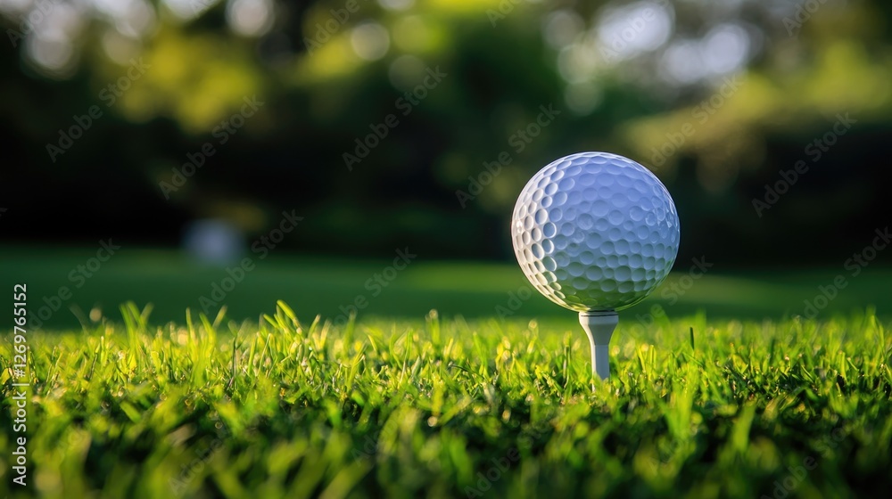 A close-up view of a golf ball on a tee, surrounded by lush green grass in daylight. A close-up view of a golf ball on a tee, surrounded by lush green grass in daylight.