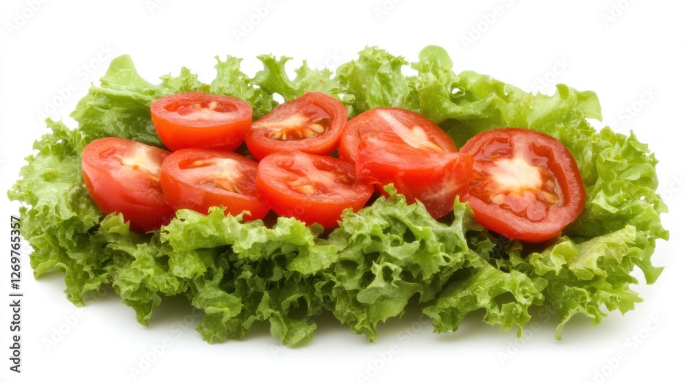 Sliced tomatoes placed on a bed of green lettuce Sliced tomatoes placed on a bed of green lettuce