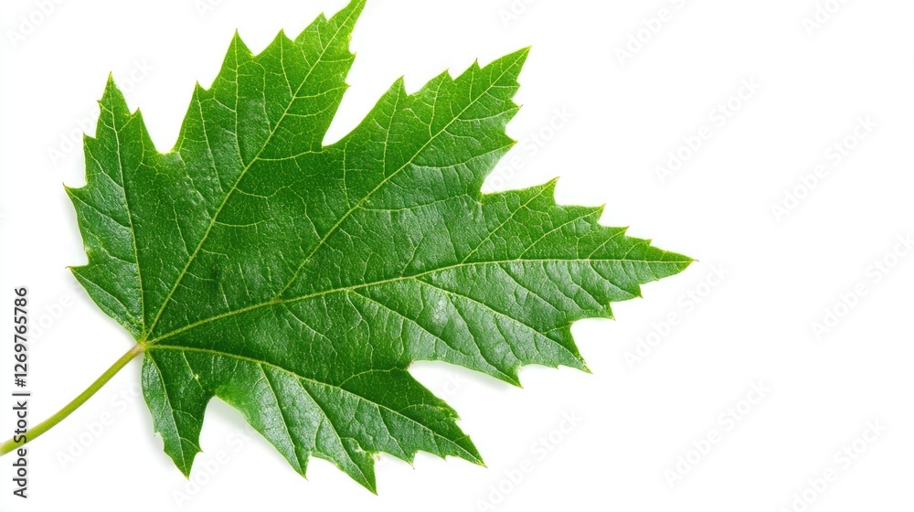 A vibrant green maple leaf isolated on a white background, showcasing its intricate texture. A vibrant green maple leaf isolated on a white background, showcasing its intricate texture.