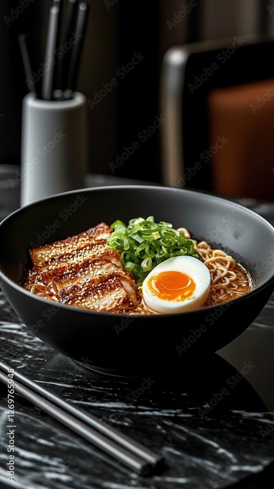 Tasty ramen bowl with soft-boiled egg and green onions served Tasty ramen bowl with soft-boiled egg and green onions served