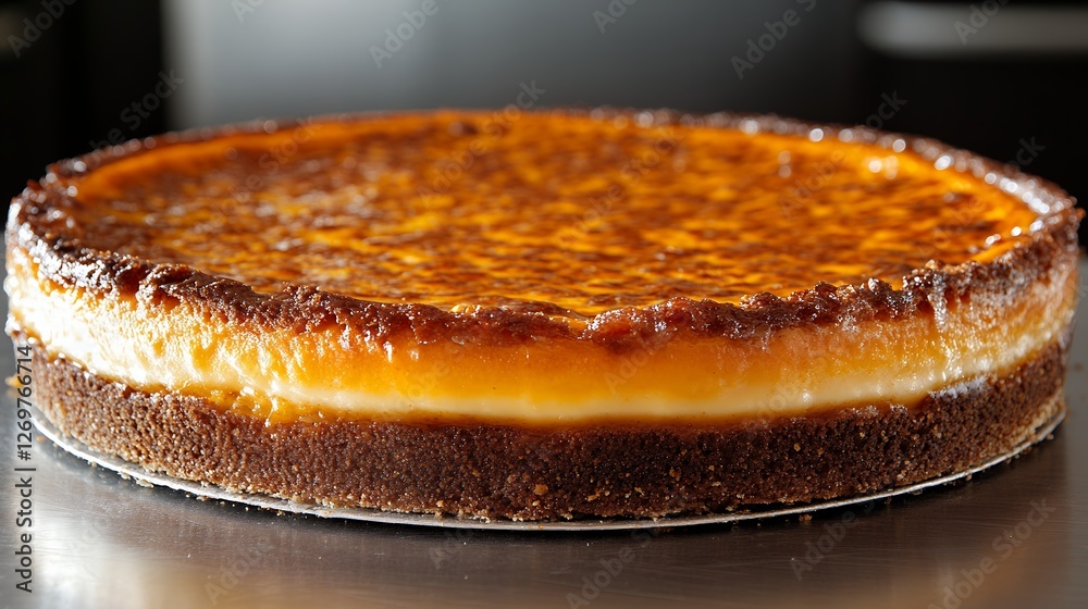 Golden Brown Baked Cheesecake on Metallic Surface Golden Brown Baked Cheesecake on Metallic Surface