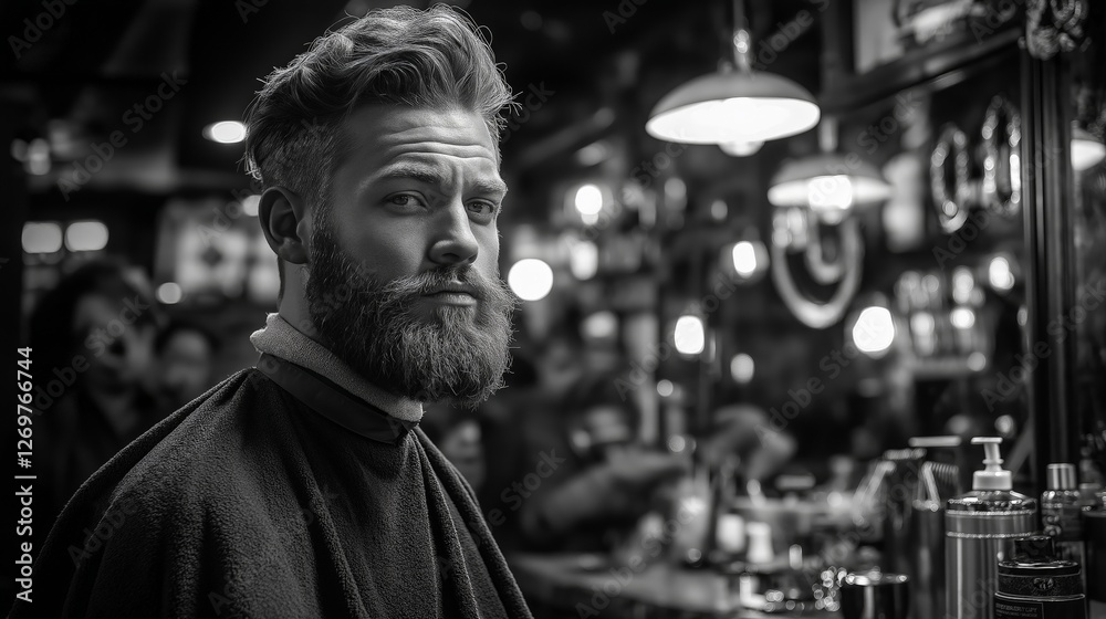 Handsome Bearded Man Getting a Haircut in a Classic Barber Shop for Grooming and Men's Fashion Advertisements Handsome Bearded Man Getting a Haircut in a Classic Barber Shop for Grooming and Men's Fashion Advertisements