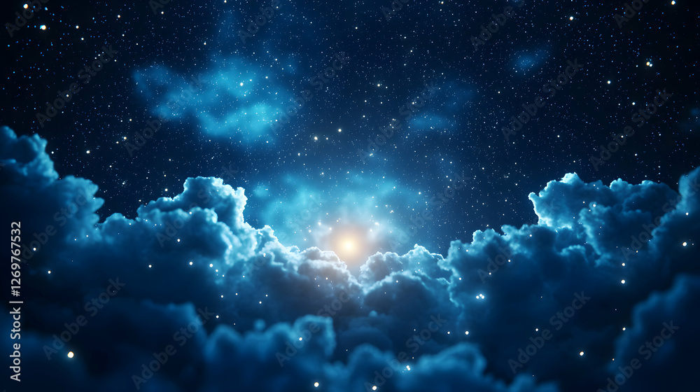 Fototapeta premium Dramatic Night Sky with Glowing Stars and Soft Blue Clouds in Ethereal Dreamscape