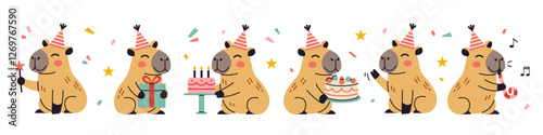 Happy birthday party set with cute capybaras. Vector collection of Funny amusing capybara characters celebrating birthday. Childish baby adorable nice animals cliparts.
