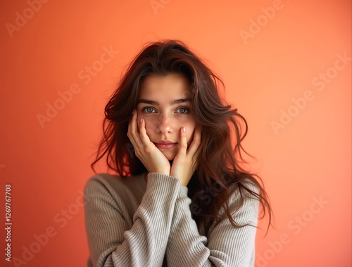 Shy young woman holding her face with hands on orange background