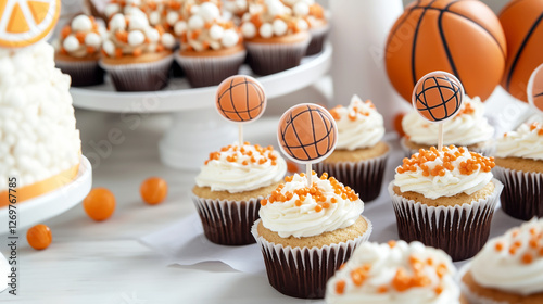 Sports-Themed Party Spread, A festive table filled with basketball-themed snacks, cupcakes decorated with basketball toppers, and party props for a March Madness viewing party.