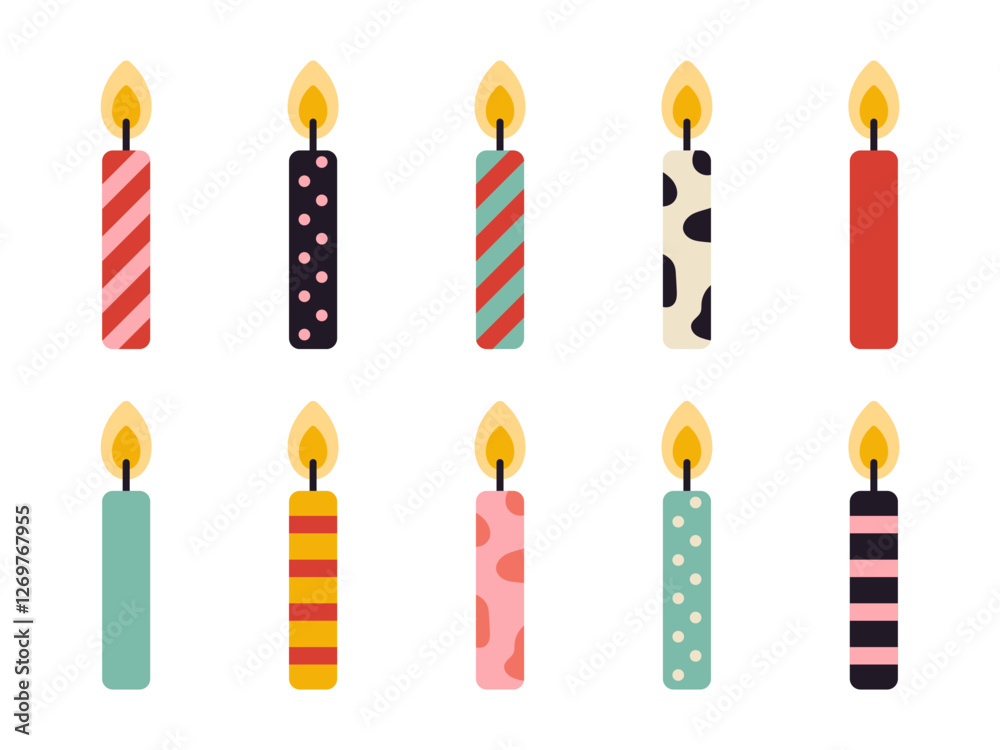 Vector burning birthday cake candles set. Collection of cute candlelights in flat design. Vector burning birthday cake candles set. Collection of cute candlelights in flat design.