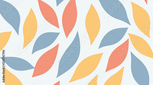 Abstract pattern with curved geometric shapes in warm orange, yellow, and cool blue tones on light background, creating dynamic and modern seamless design