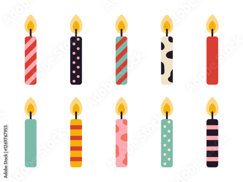 Vector burning birthday cake candles set. Collection of cute candlelights in flat design.