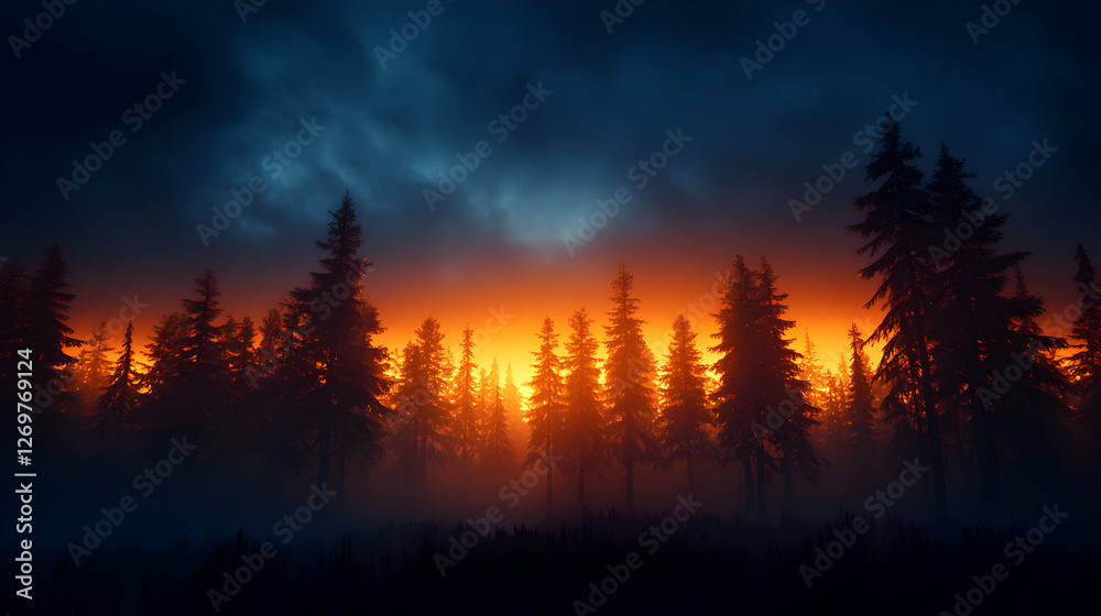 Fototapeta premium Dramatic Sunset Over Forest with Silhouetted Trees and Foggy Undergrowth in Warm Golden Light