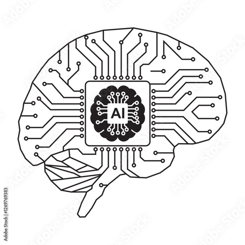 AI Brain Circuit – Artificial Intelligence Chip in Neural Network. Vector illustration of a brain with a microchip labeled 