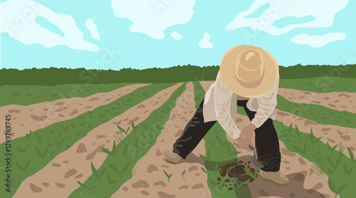 Labor migrant worker in hat digging soil with little shoulder on a green plowed field. Man who work hard in agricultural industry and who deserves protection of his rights. Horizontal banner.