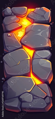 Cartoon Lava Cracked Stone Pathway for Mobile Game Level Design, Top Down View, Fantasy Environment, Game UI Element