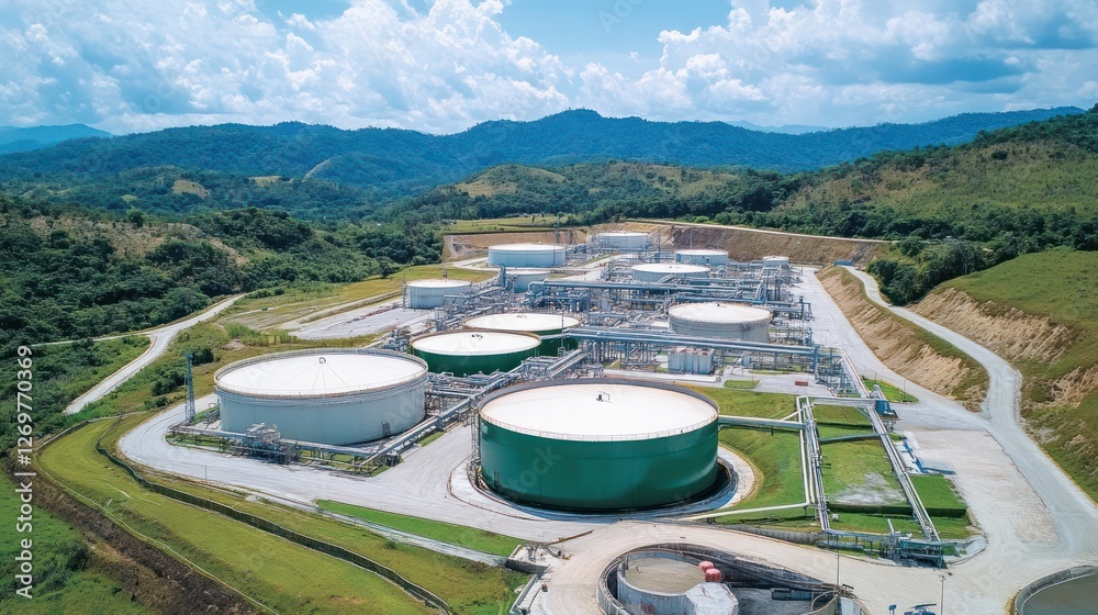 Obraz premium Aerial View of Industrial Storage Tanks in Green Hills