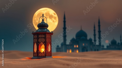 Glowing Lantern in Desert with Mosque and Moon